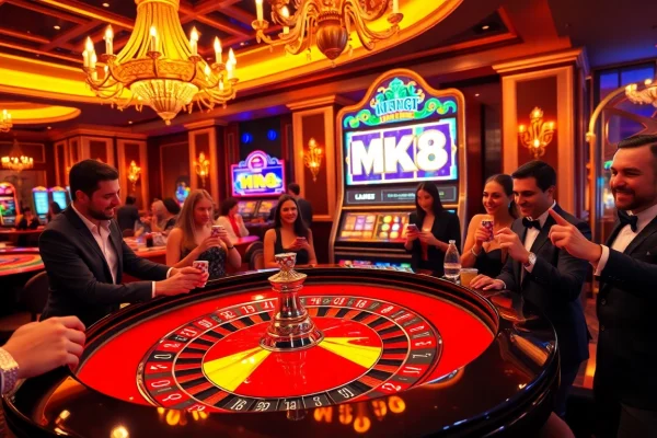 Players engaging in thrilling bets at MK8 casino tables filled with colorful chips and a roulette wheel.