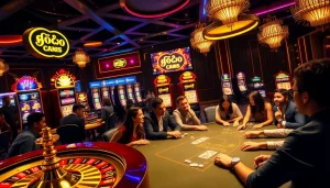 Engage with thrilling Onicplay slot machines and poker tables in a vibrant casino atmosphere.
