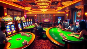 Review Naga169 with vibrant slot machines and luxurious gaming tables in a thrilling casino atmosphere.