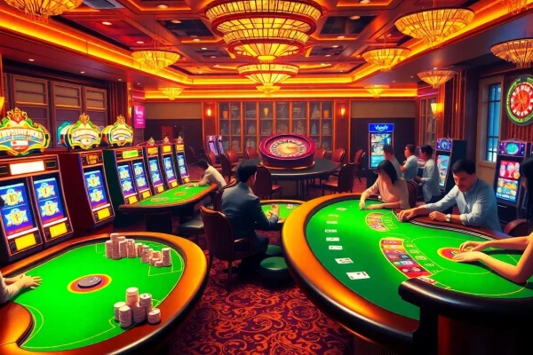 Review Naga169 with vibrant slot machines and luxurious gaming tables in a thrilling casino atmosphere.
