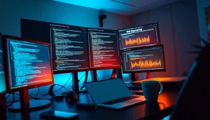 Web scrapping technology in a modern workspace with multiple screens.