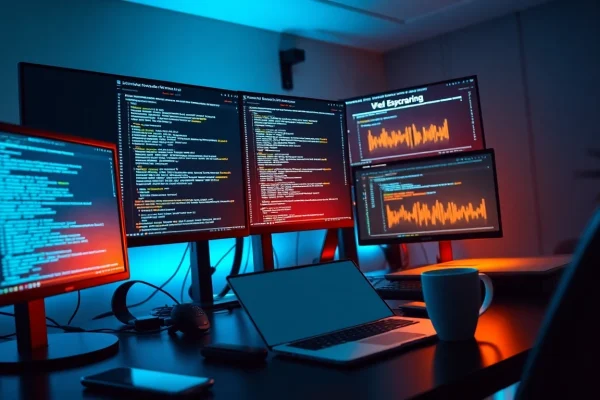 Web scrapping technology in a modern workspace with multiple screens.