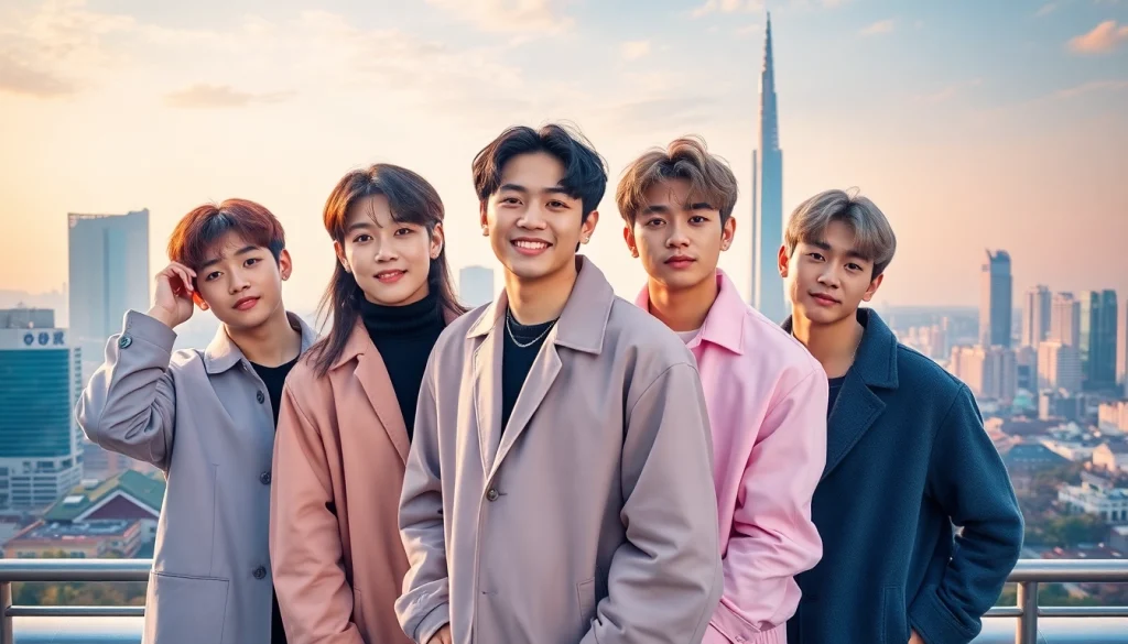 Dynamic portrayal of bts members showcasing their charisma and unity against a vibrant city backdrop.