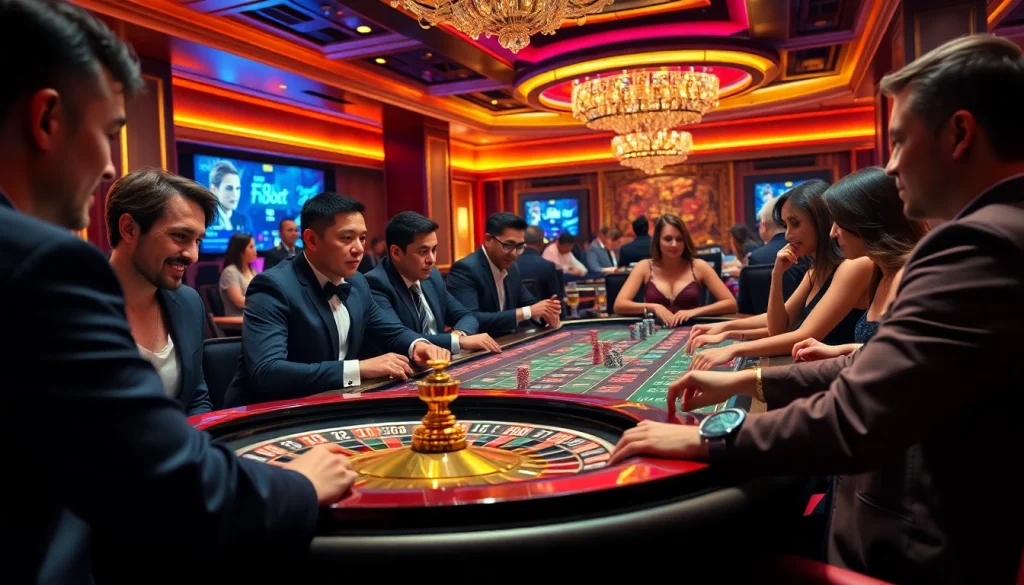 Players enjoy high-stakes gameplay at F8bet casino tables, showcasing excitement and engagement.
