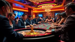 Players enjoy high-stakes gameplay at F8bet casino tables, showcasing excitement and engagement.