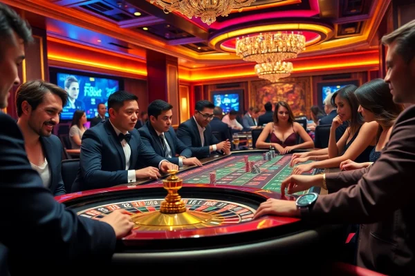 Players enjoy high-stakes gameplay at F8bet casino tables, showcasing excitement and engagement.