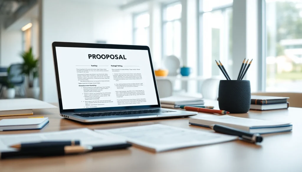 Engaging scene of proposal writing and management tools on a stylish desk, highlighting productivity and organization.