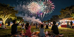 Families enjoying a nighttime fireworks display with fireworks for sale at a festive gathering.